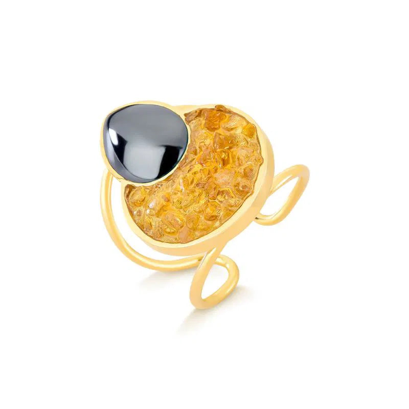 ANEL DE REGULAGEM DOURADO EM HEMATITA COM PEDRA FRAGMENTADA