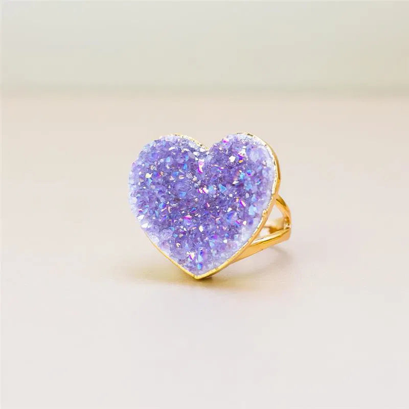 ANEL CORACAO DOURADA COM PEDRA GEODO NATURAL