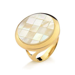 ANEL PEDRA REDONDA EM MADREPÉROLA DETALHE DOURADO MAIOR