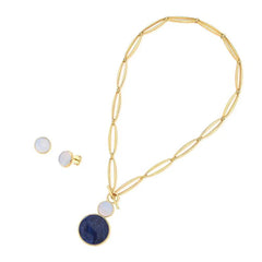 CONJUNTO DOURADO DUAS PEDRAS CABOCHÃO FECHO FRONTAL