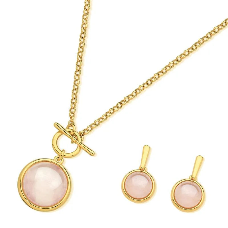 CONJUNTO PEDRA CABOCHÃO EFEITO PEROLADO FECHO FRONTAL DOURADO