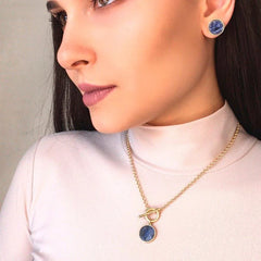 CONJUNTO PEDRA CHAPA REDONDA FECHO FRONTAL DOURADO