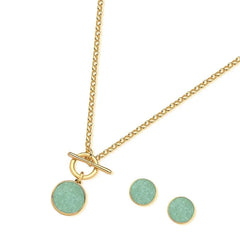 CONJUNTO PEDRA CHAPA REDONDA FECHO FRONTAL DOURADO
