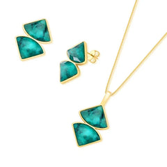 CONJUNTO DOURADO GEOMETRICO DUAS PEDRAS FACETADAS ESMERALDA