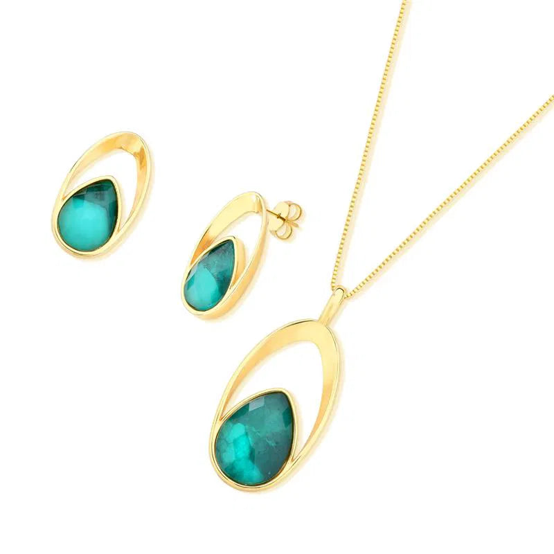 CONJUNTO DOURADO DETALHES PEDRA ESMERALDA FACETADA