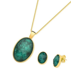 CONJUNTO DOURADO PEDRA OVAL ESMERALDA FACETADA