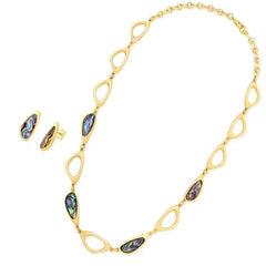 CONJUNTO DOURADO CONCHAS TRIO DE PEDRAS NAVETE FACETADA