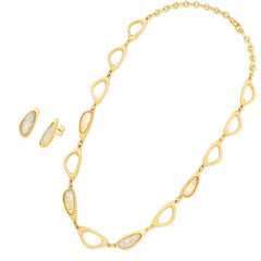 CONJUNTO DOURADO CONCHAS TRIO DE PEDRAS NAVETE FACETADA