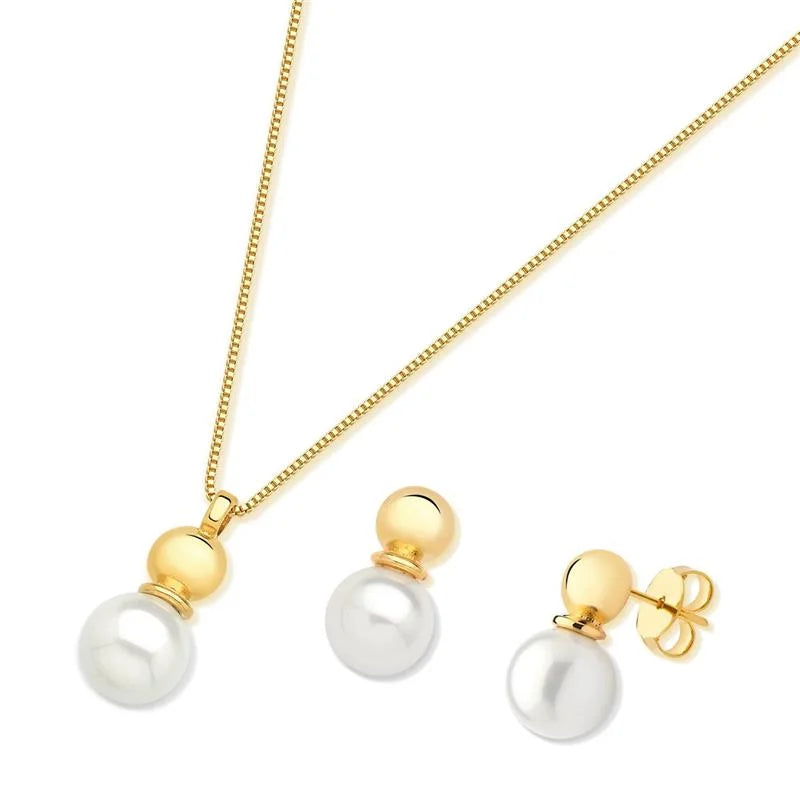 CONJUNTO PÉROLA SHELL BRANCA REDONDA PEQUENA DOURADO