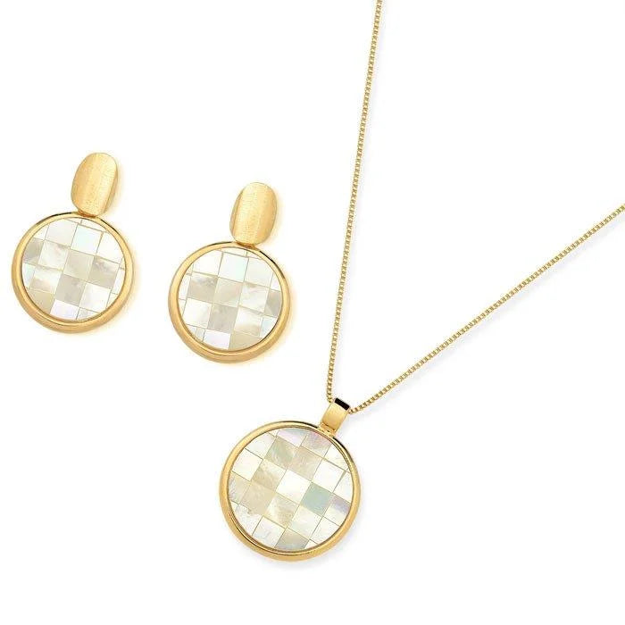 CONJUNTO MADREPEROLA FORMATO REDONDO DETALHE DOURADO COLEÇÃO MOSAICO