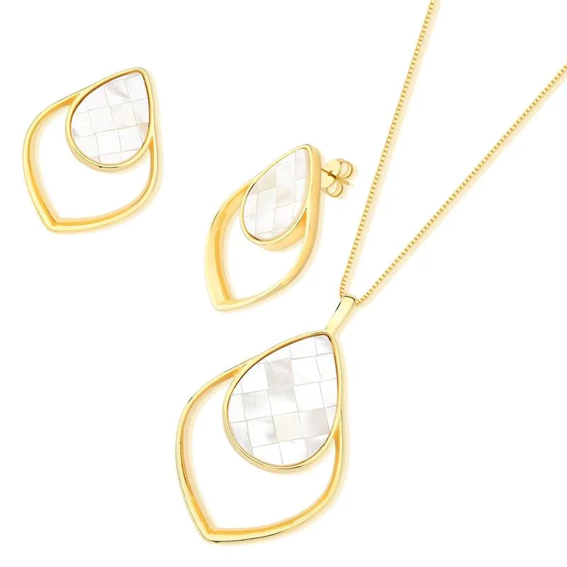 CONJUNTO MADREPEROLA FORMATO GOTA DETALHE DOURADO COLEÇÃO MOSAICO