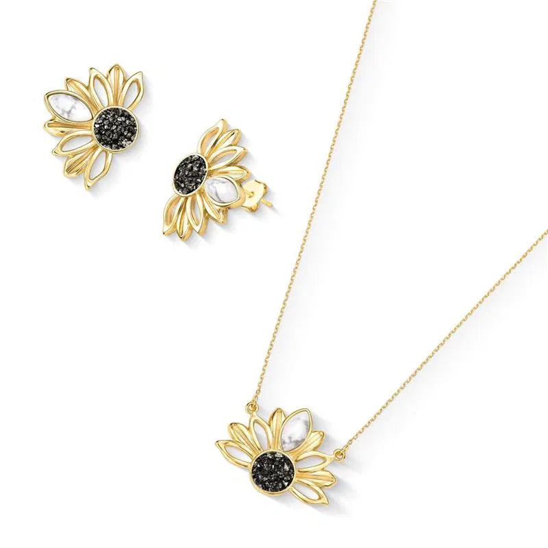 CONJUNTO GIRASSOL DOURADO COM DETALHES EM PEDRA NATURAL FRAGMENTADA