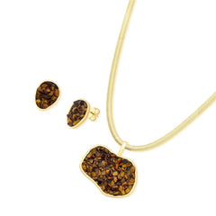 CONJUNTO DOURADO PEDRAS NATURAIS FRAGMENTOS PINGENTE MAIOR