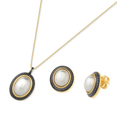 CONJUNTO DOURADO PEROLA OVAL DETALHES RODIO N