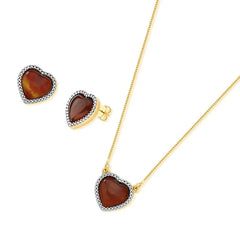 CONJUNTO CORAÇÃO DOURADO PEDRA CABOCHÃO COM RÓDIO BRANCO