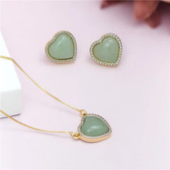 CONJUNTO CORAÇÃO DOURADO PEDRA CABOCHÃO COM RÓDIO BRANCO
