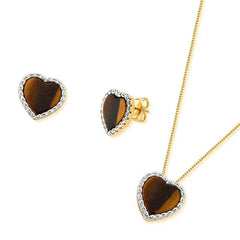 CONJUNTO CORAÇÃO DOURADO PEDRA CHAPA COM ZIRCÔNIAS E RÓDIO BRANCO