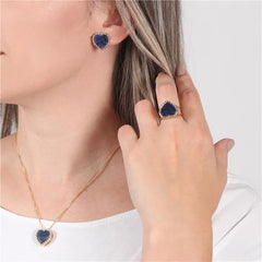 CONJUNTO CORAÇÃO DOURADO PEDRA CHAPA COM ZIRCÔNIAS E RÓDIO BRANCO