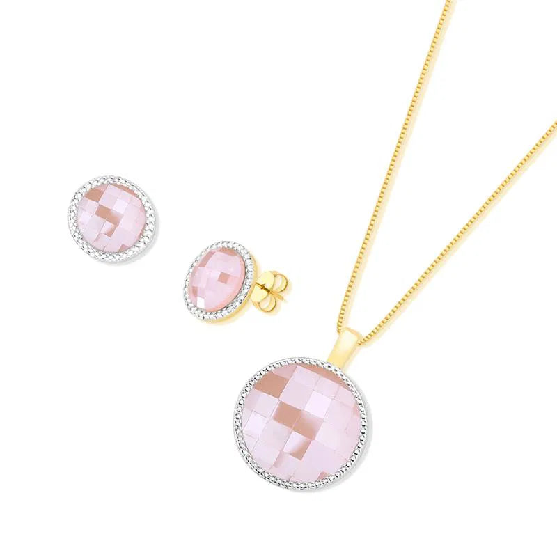 CONJUNTO FACETADO PEROLADO DOURADO COM RÓDIO BRANCO