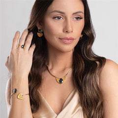 PULSEIRA ESTILO BRACELETE DOURADO EM HEMATITA COM PEDRA FRAGMENTADA