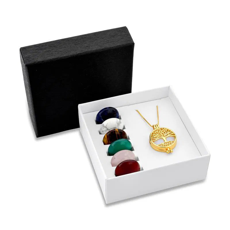 COMBO RELICÁRIO SETE PEDRAS ARVORE DA VIDA FRENTE DOURADO