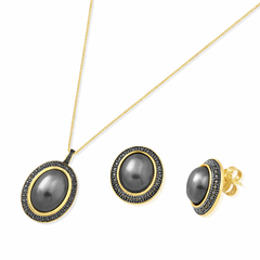 CONJUNTO DOURADO PEROLA OVAL DETALHES RODIO N