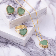 CONJUNTO CORAÇÃO DOURADO PEDRA CHAPA COM ZIRCÔNIAS E RÓDIO BRANCO