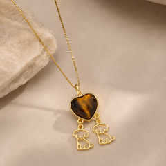 PINGENTE DOIS DOG PEDRA CORAÇÃO CABOCHÃO DOURADO