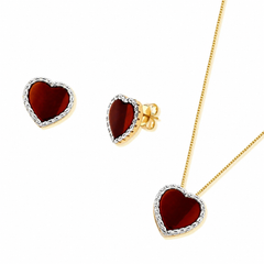 CONJUNTO CORAÇÃO DOURADO PEDRA CHAPA COM ZIRCÔNIAS E RÓDIO BRANCO