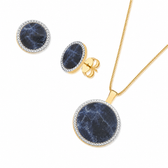 CONJUNTO DOURADO COM RÓDIO BRANCO PEDRA REDONDA LISA